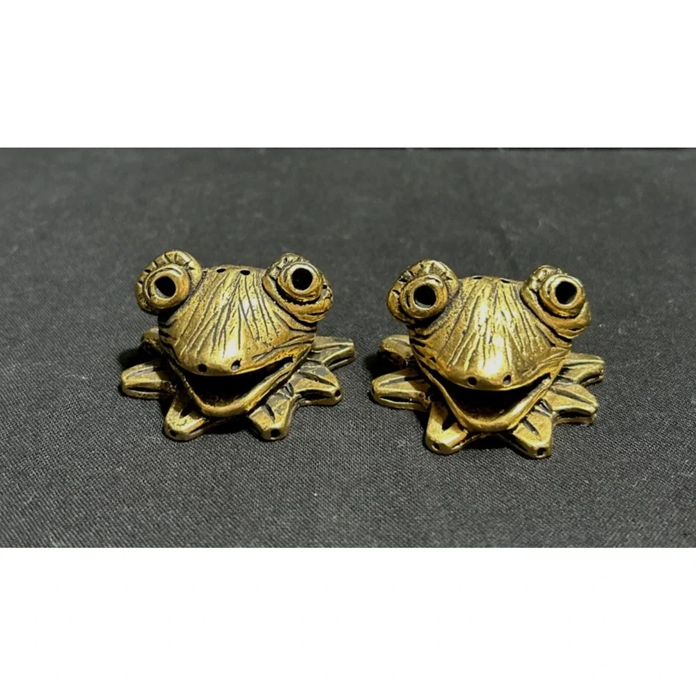 Frog Head Salt & Pepper Shakers Brass Toned Glass by AST Designs Figural Whimsy